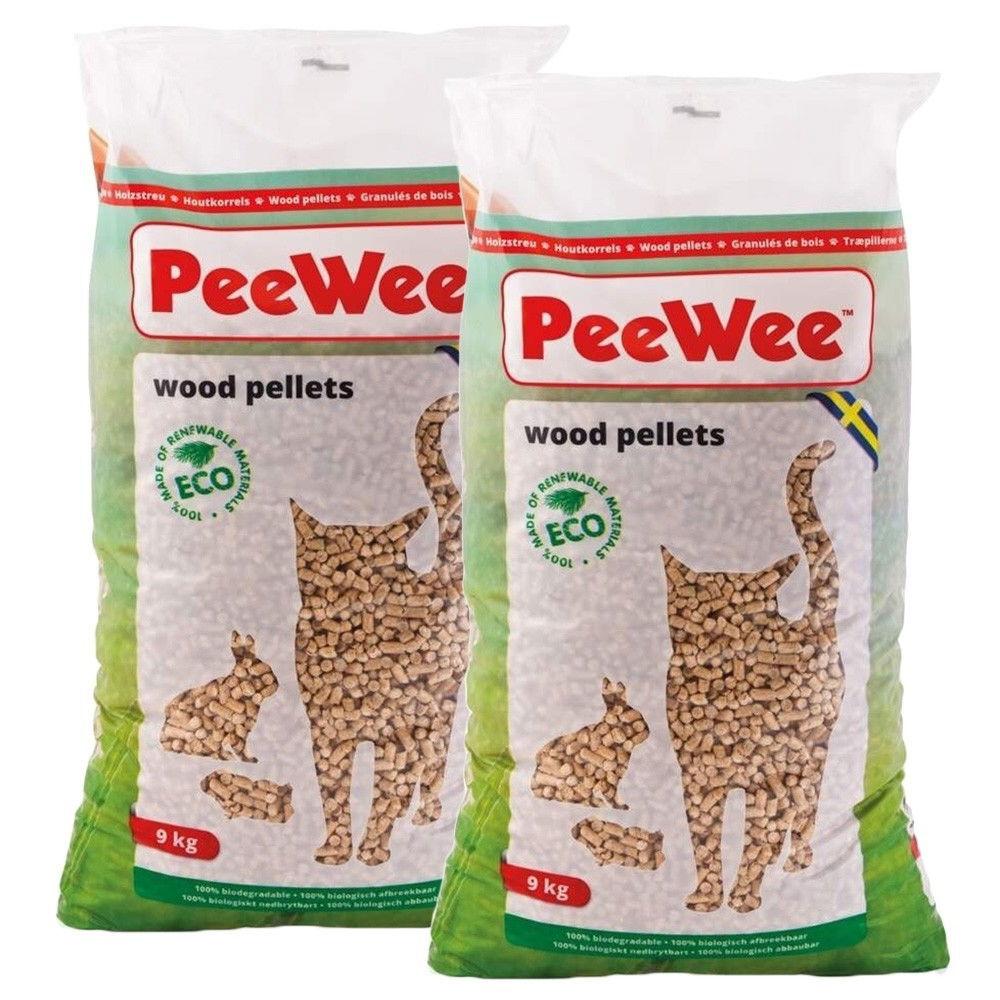 Två säckar PeeWee träpellets för kattlåda, 14 liter styck