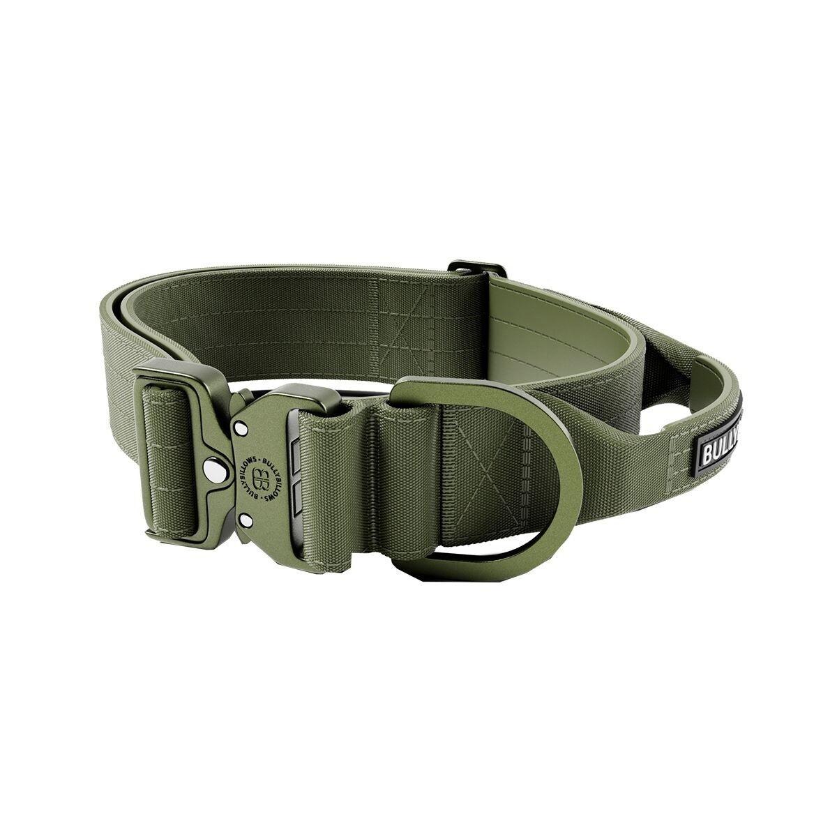 Grönt hundhalsband i nylon med handtag och metallspänne från BullyBillows Combat